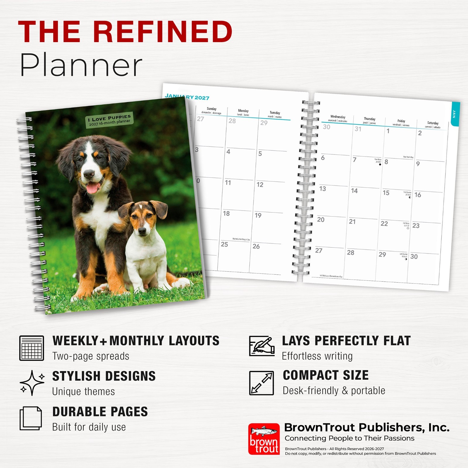 I Love Puppies | 2027 6×7.75″ Spiral-Bound Wire-O Engagement Planner Calendar