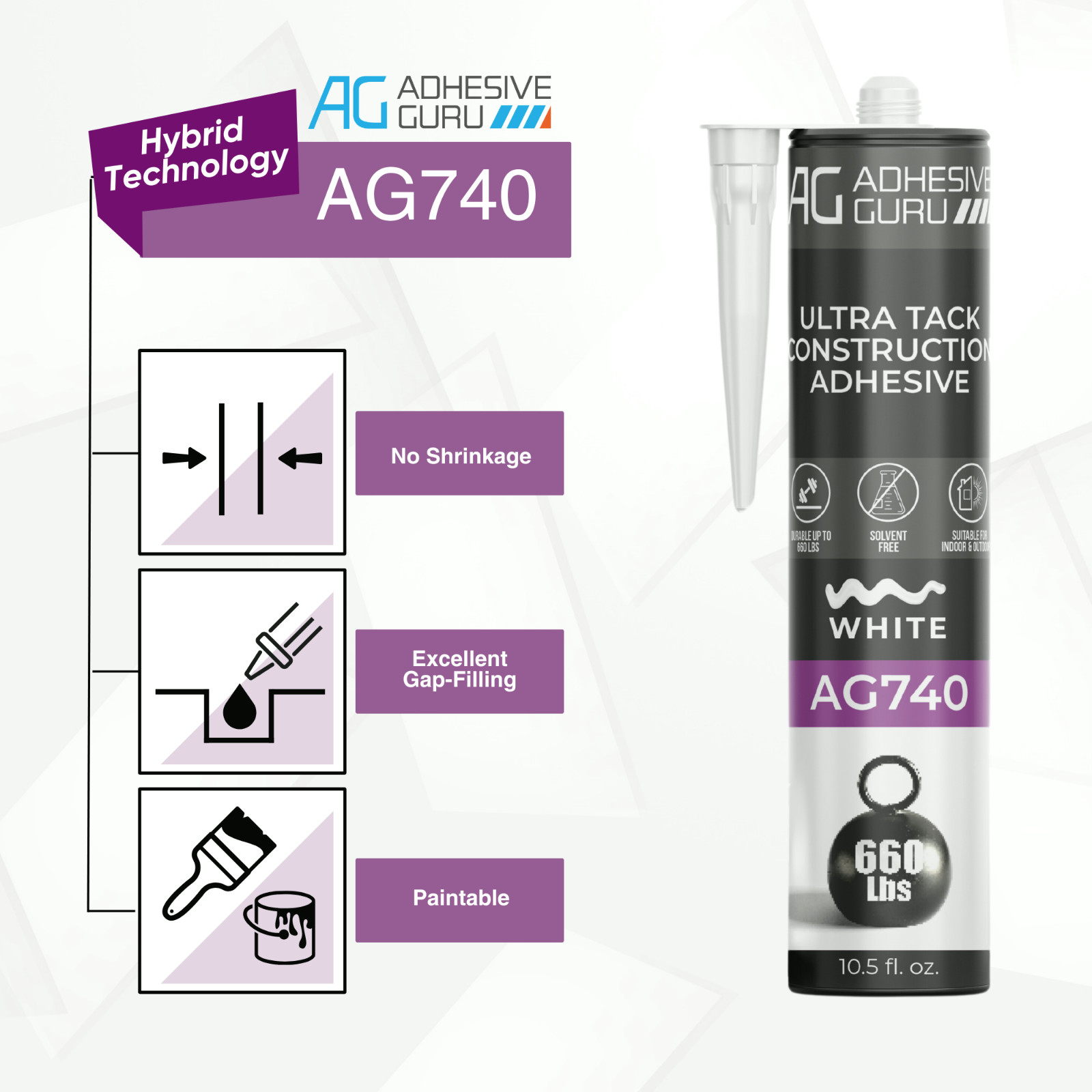 Adhesive Guru AG740 Ultra Tack Hybrid Construction Adhesive (12×10.5 fl oz),