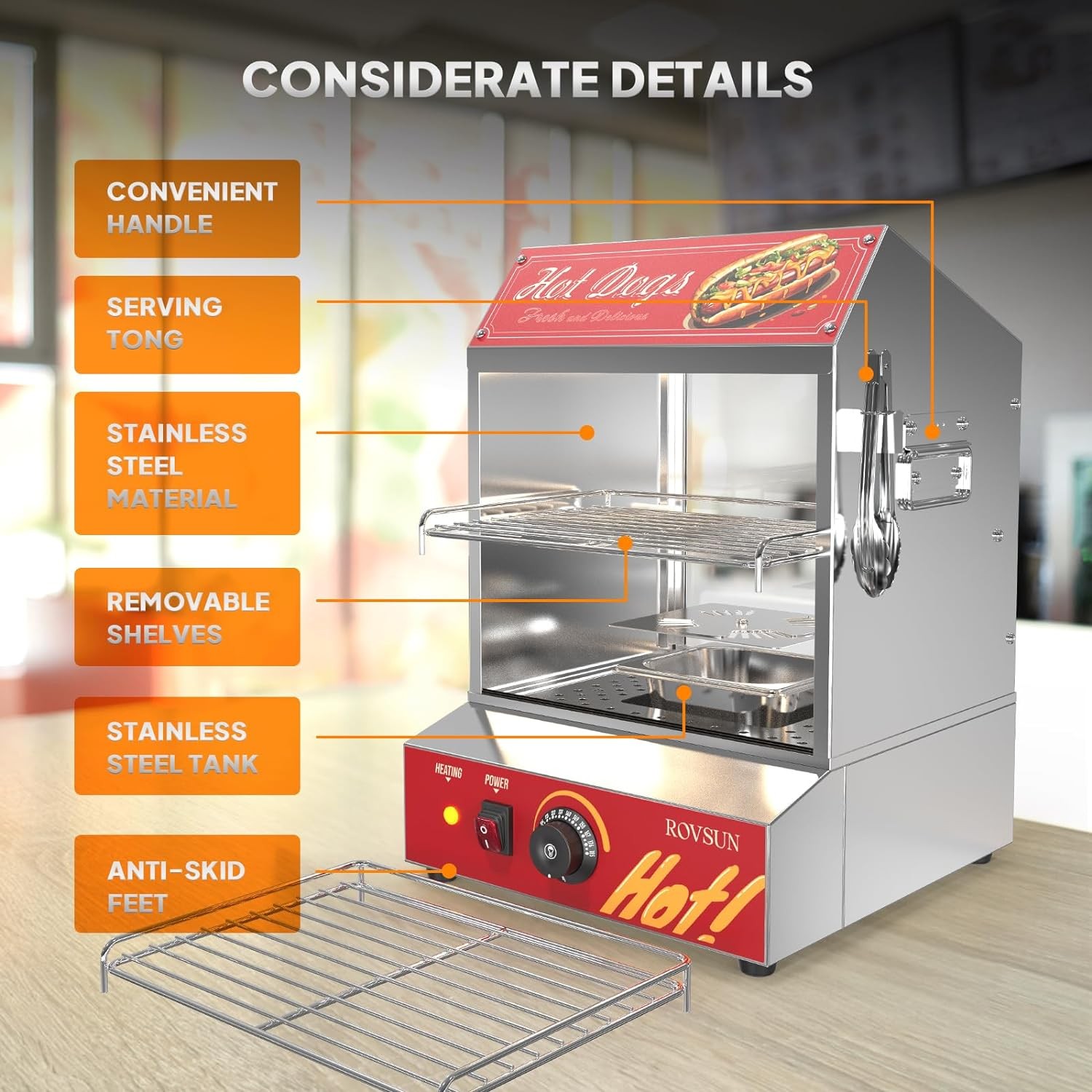 ROVSUN 500W Commercial Hot Dog Steamer 2 Tier Electric Bun Warmer W/Slide Doors