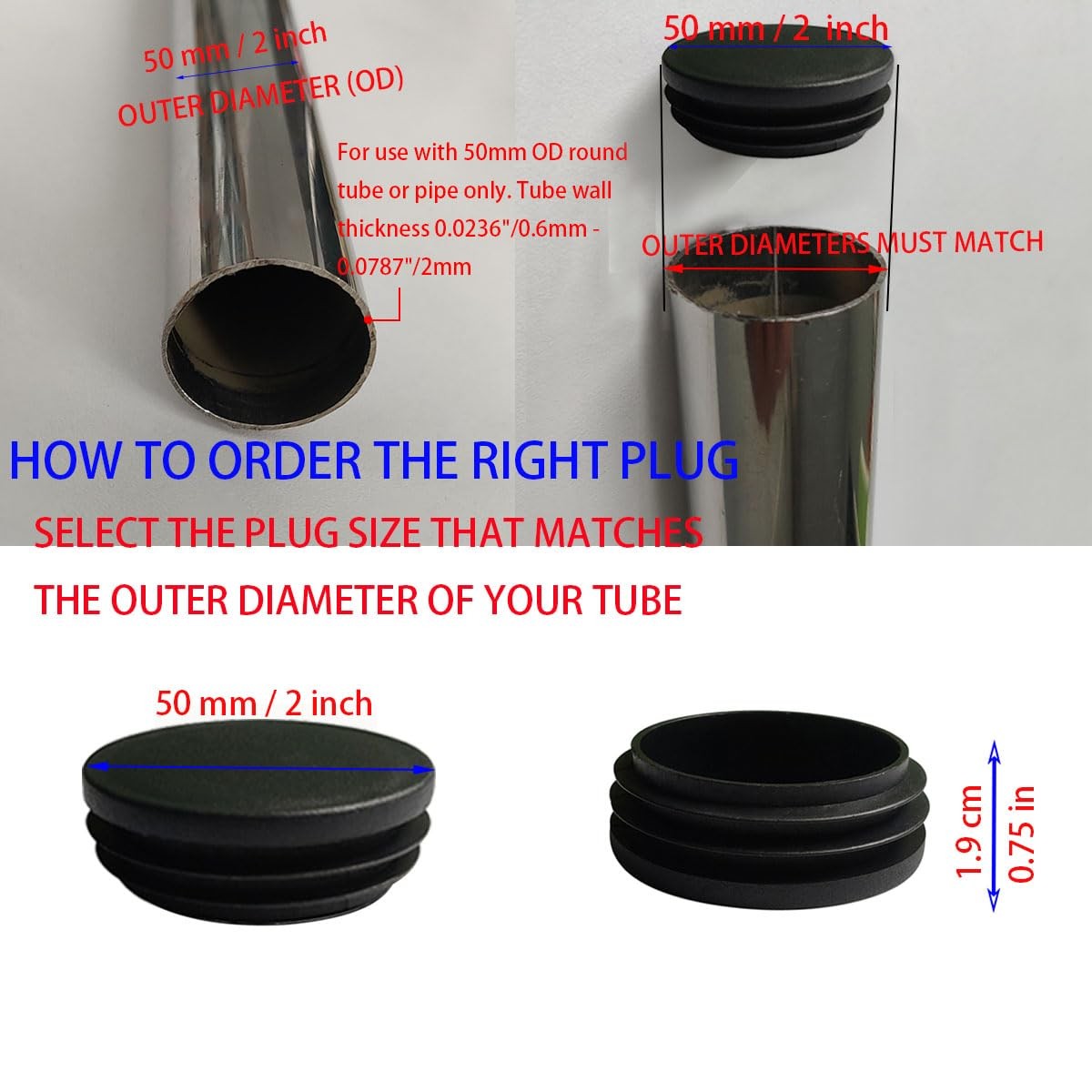 4 Pcs 50mm 2 Inch Round Plastic Plugs, Black Pipe Tubing End Cap for Round Tu…