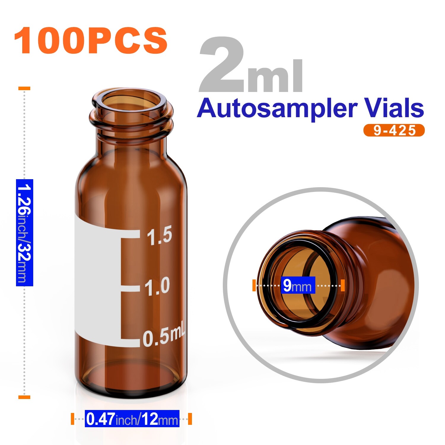 50000x 2ml 9mm HPLC Vials Clear Autosampler Borosilicate Sample Graduation 9-425