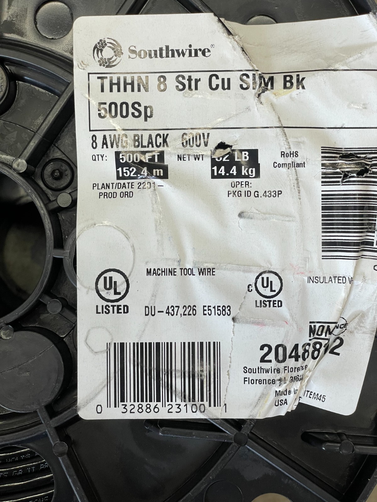 Southwire THHN 8AWG STR Copper SIM BLACK 600V Insulated Wire 500′ Spool