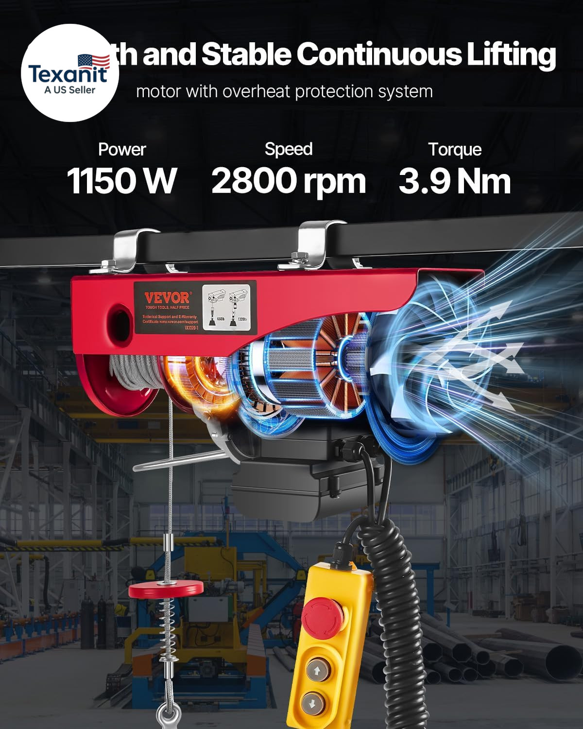Electric Hoist with Remote Control, 1320LBS Electric Winch, 110V Electric Hoist
