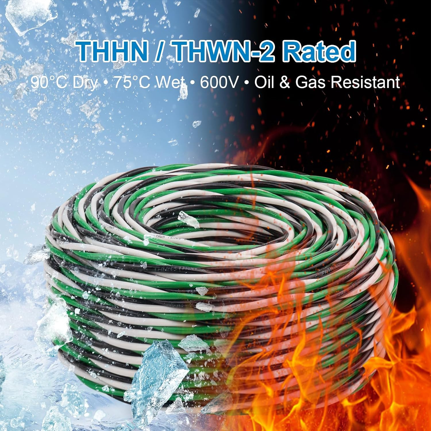 12 AWG THHN Wire 50FT 3-Color Set (Black/White/Green) – Stranded Copper, Pre-Twi