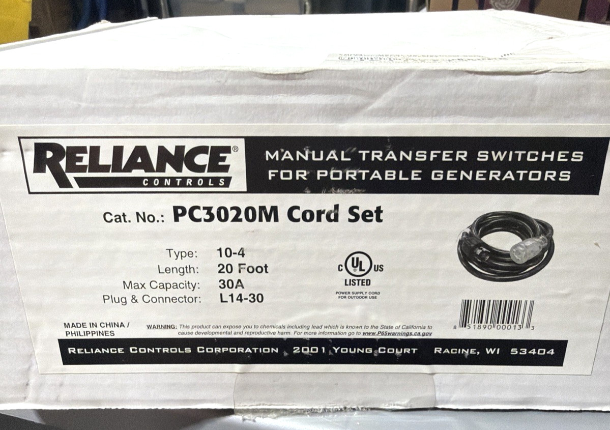 Reliance Controls PC3020R 20′ Generator L14-30 10ga Power Cord, 30a, 7500w