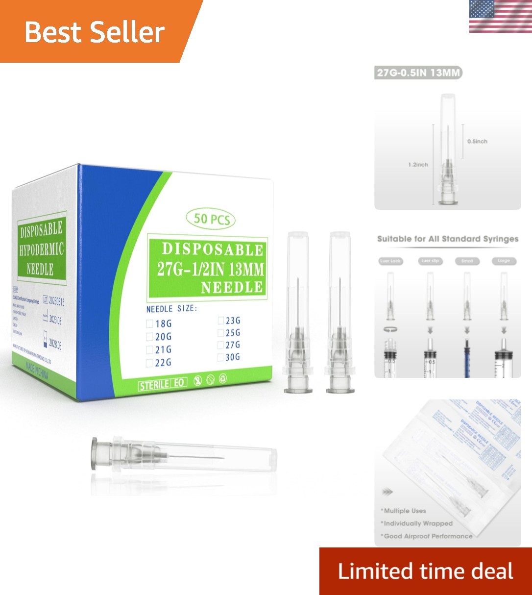 27 Gauge 1/2 Inch Disposable Needles with Caps – Luer Lock Lab Dispensing Access