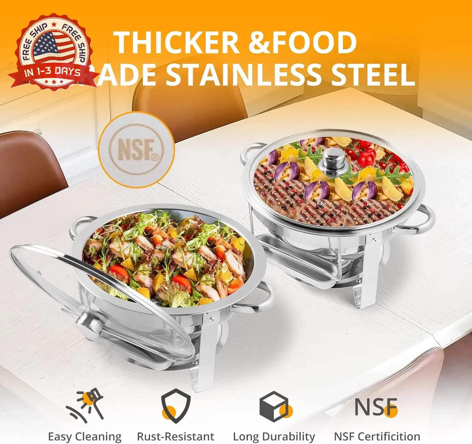 ROVSUN 5 Qt 2 Pack Chafing Dishes for Buffet, NSF Stainless Steel Round Chafers