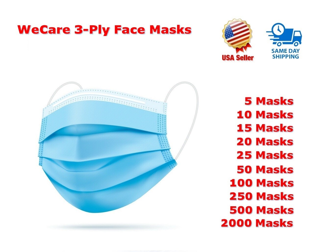 All Package Quantities of 3-Ply Protective Face Masks for Everyday Use – Sealed