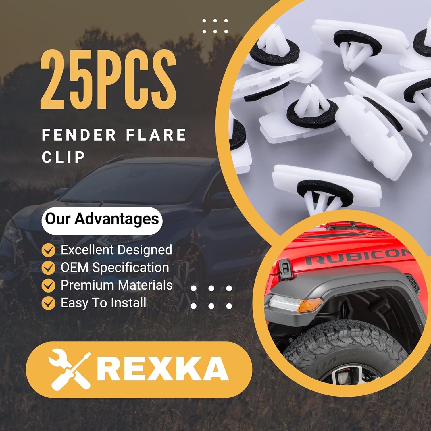 25pcs Fender Flare Clips 68526185AA for 2018-2024 Wrangler JL & 2020-2024 Gladia
