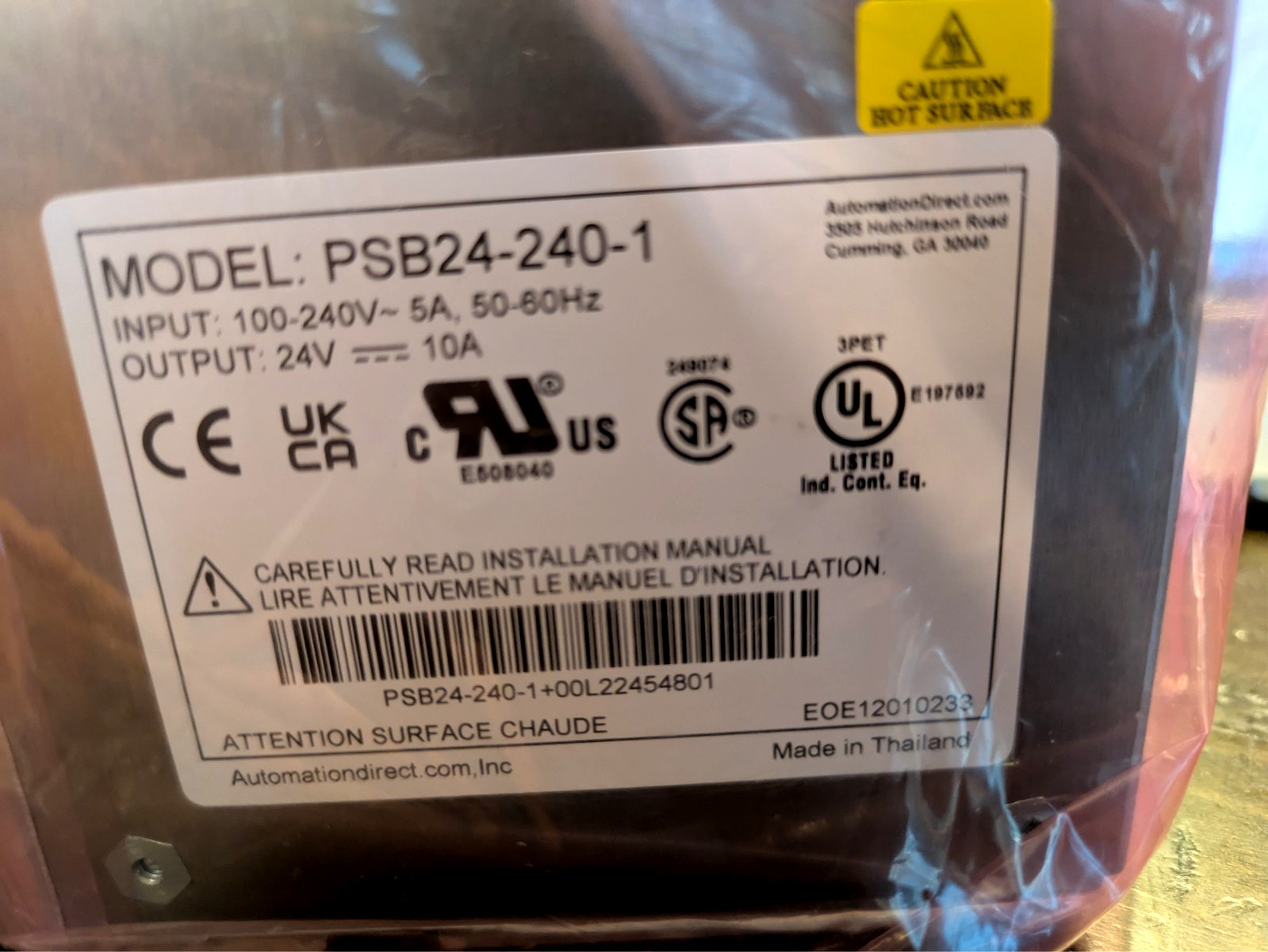 RHINO PSB24-240 Industrial DIN Rail Power Supply 24VDC 10A 240W New Open Box