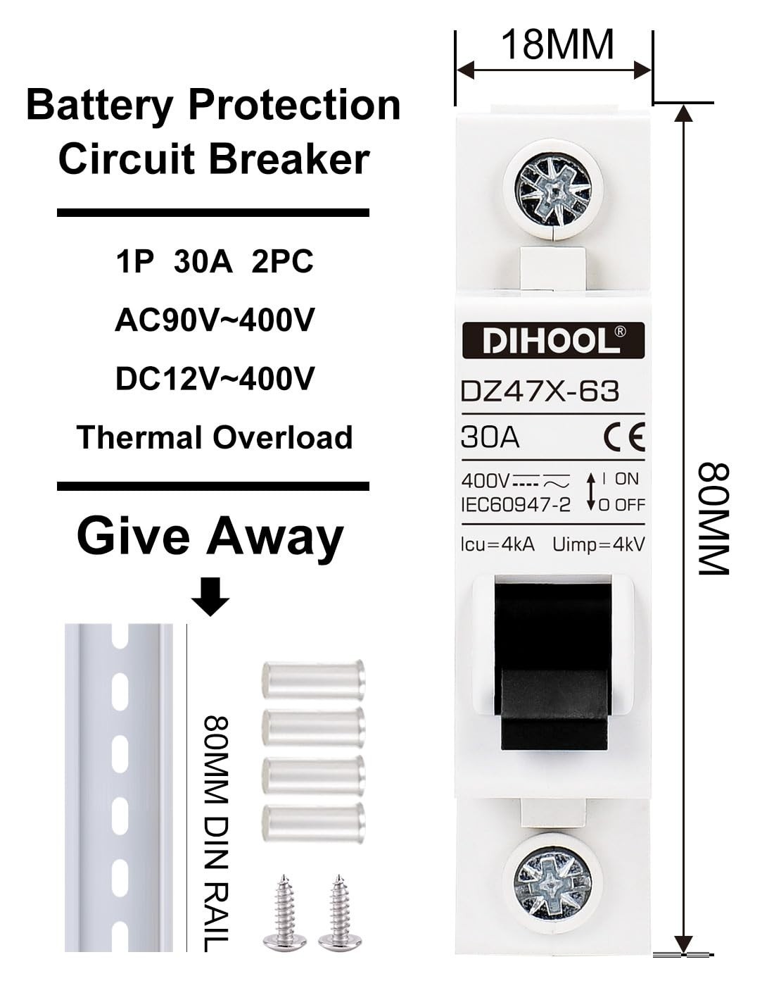 AC/DC Miniature Circuit Breakers 30 Amp, Quick Trip Solar Disconnect Switch Pack