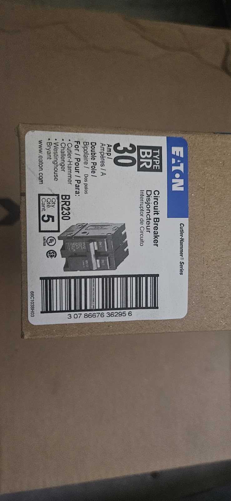 Eaton BR230 Circuit Breaker 30A Double Pole Common Trip Plug-In