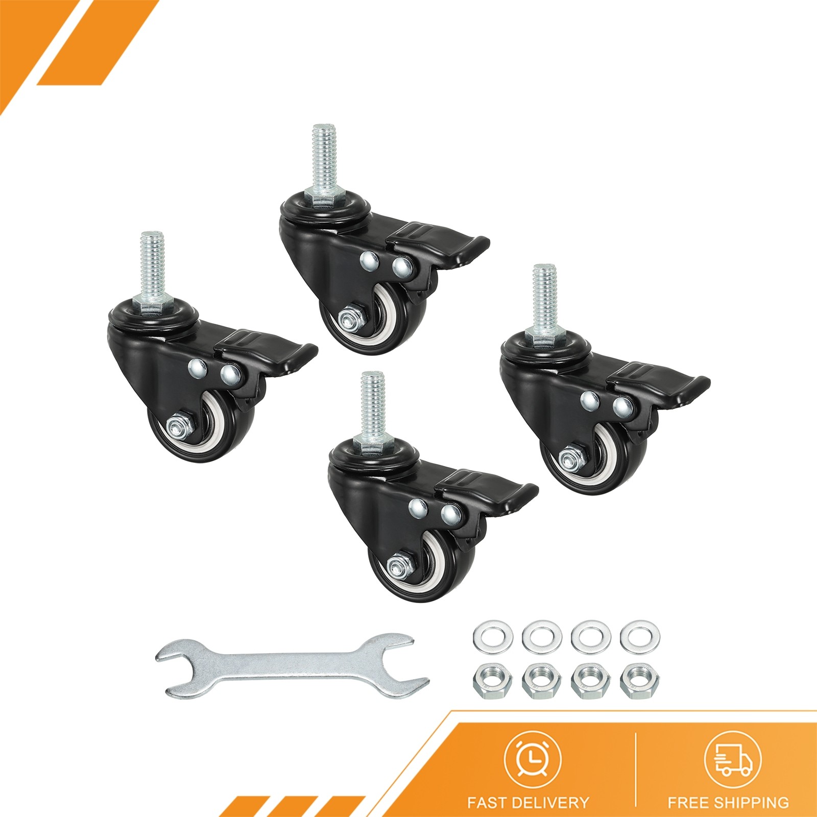 4 x 1.5″ Swivel Threaded Stem Casters 3/8″-16UNC PU Wheel Brake 88lbs Load Black
