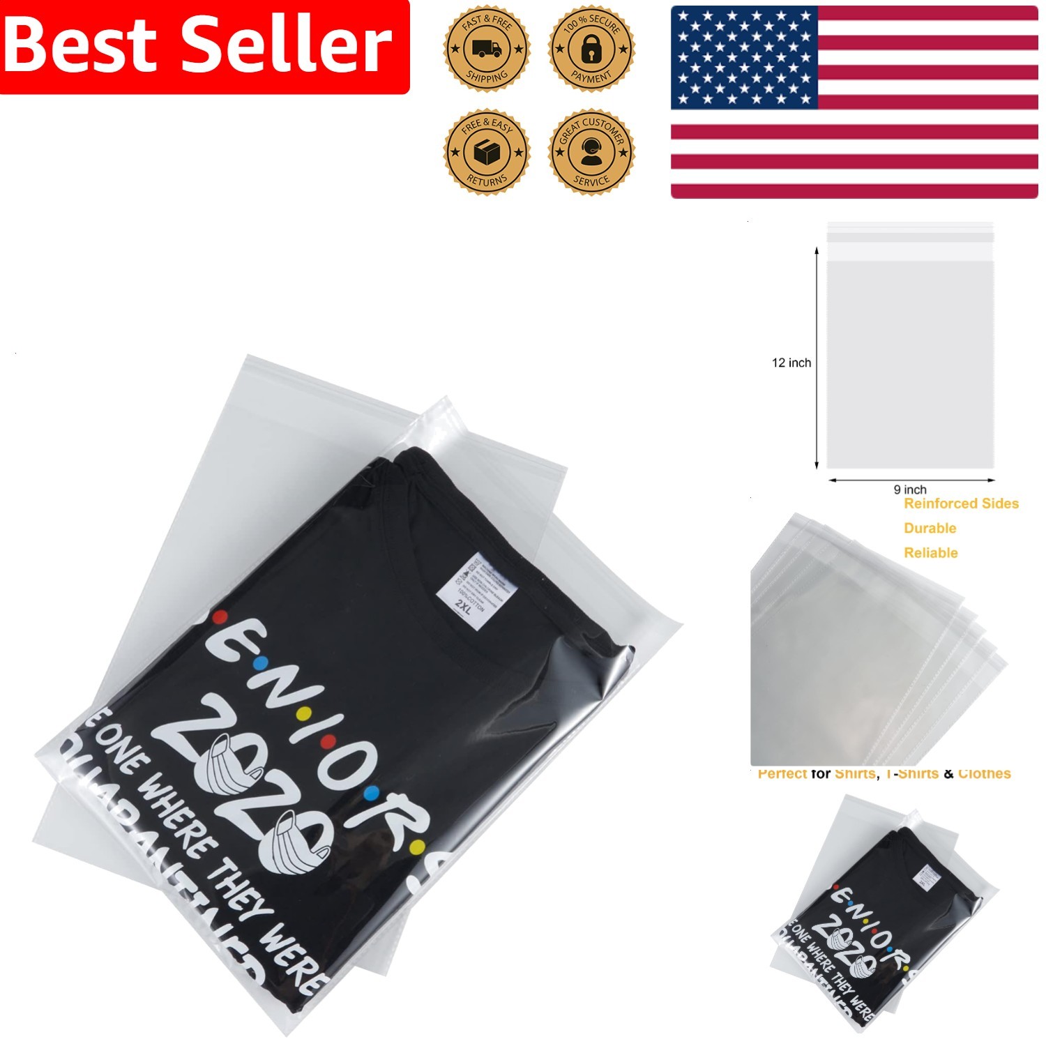 9×12 Inch Clear Polypropylene Bags (50 Count) – Self-Sealing Packaging