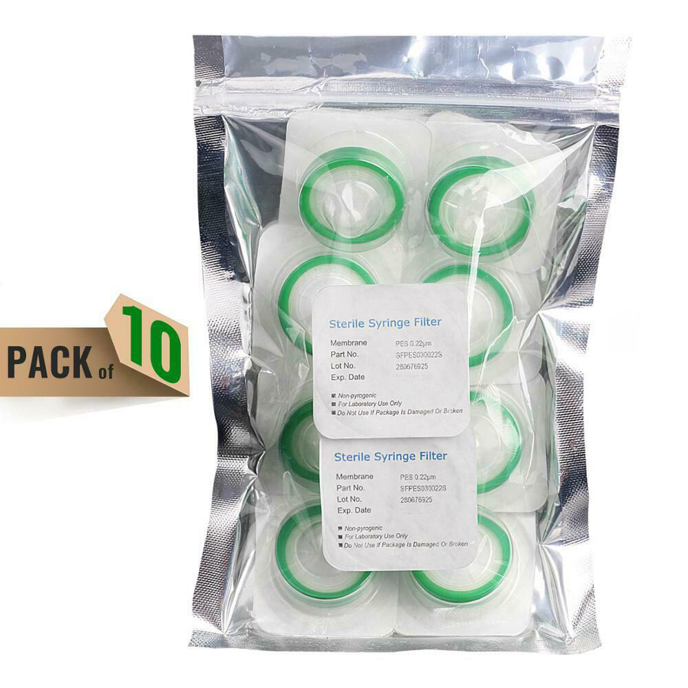 Syringe Filters 0.22um Sterile PES,33mm,Hydrophilic,Lab Filters,Sample Prep,10Pk