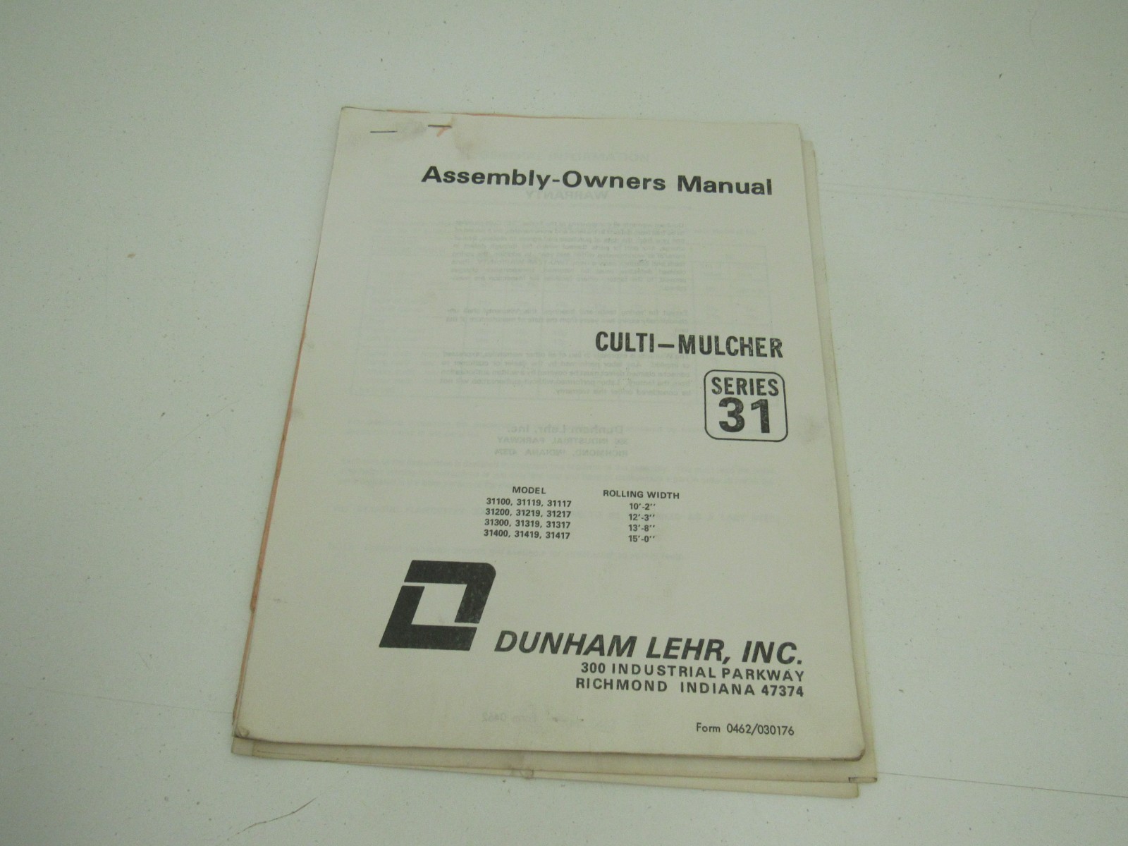 Dunham Lehr Series 31 Culti Mulcher Assembly & Owners Manual