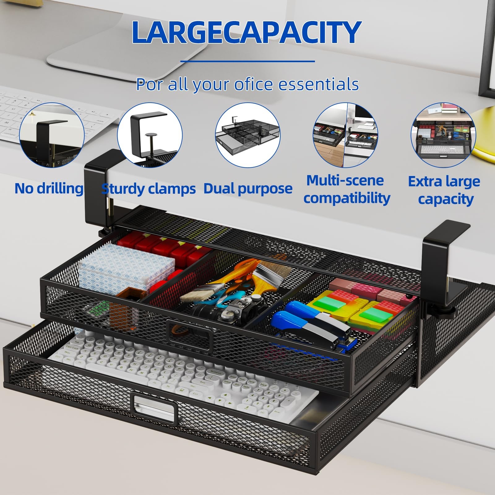 Under Desk Drawer Organizer No Drilling 2 Slide Out Table Black