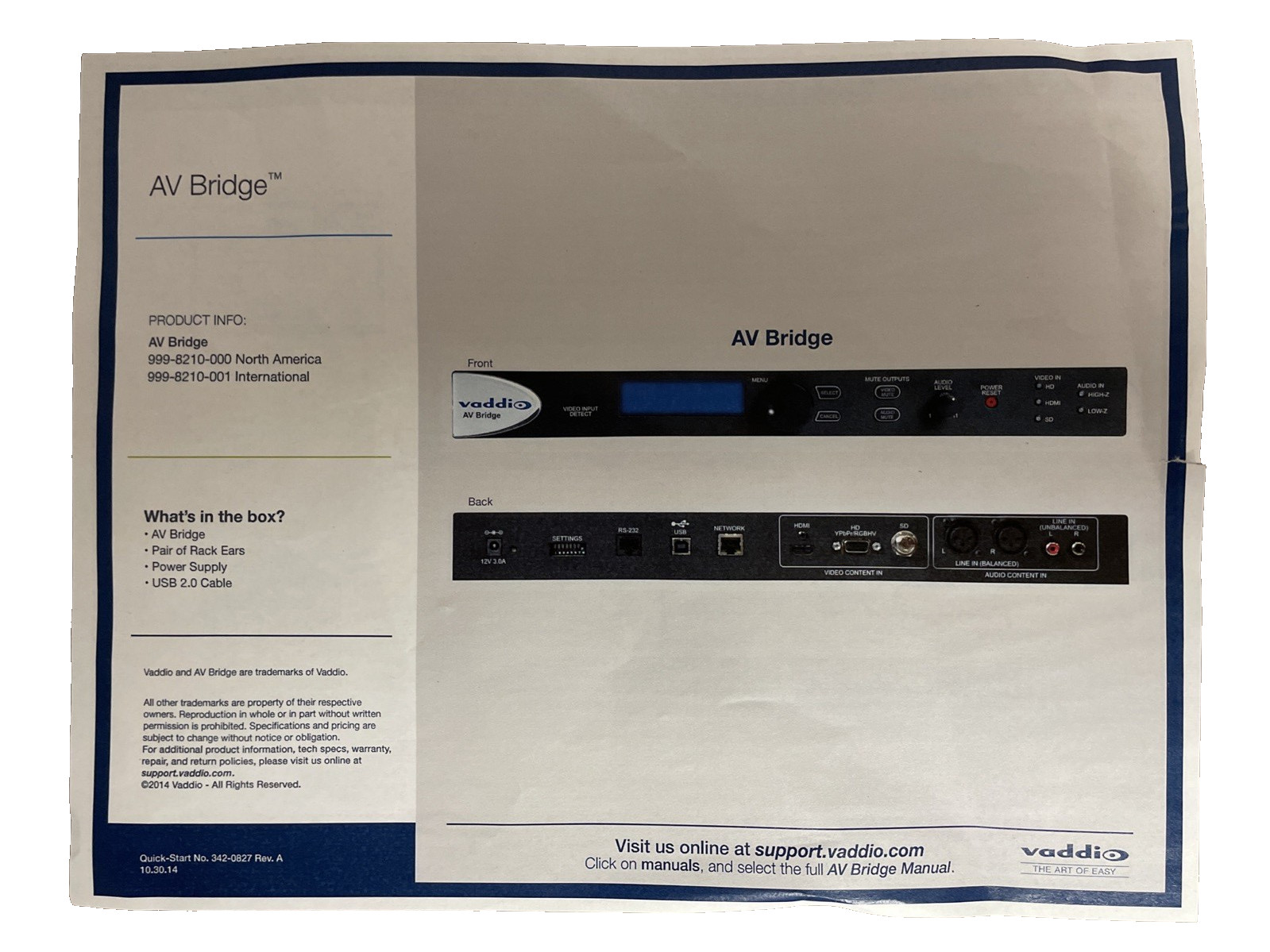 Vaddio AV Bridge 998-8210-000 Pro HDMI/USB/IP Streaming 1080p HD Audio Video Mix
