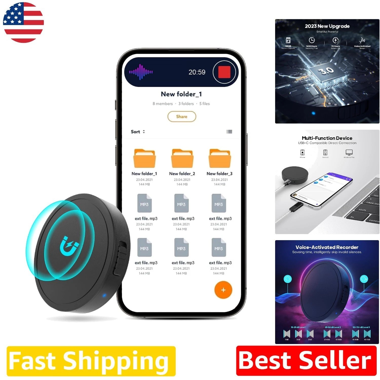 128GB Voice Recorder, 1600Hr HD Audio, 70Hr Battery, Magnetic, USB-C