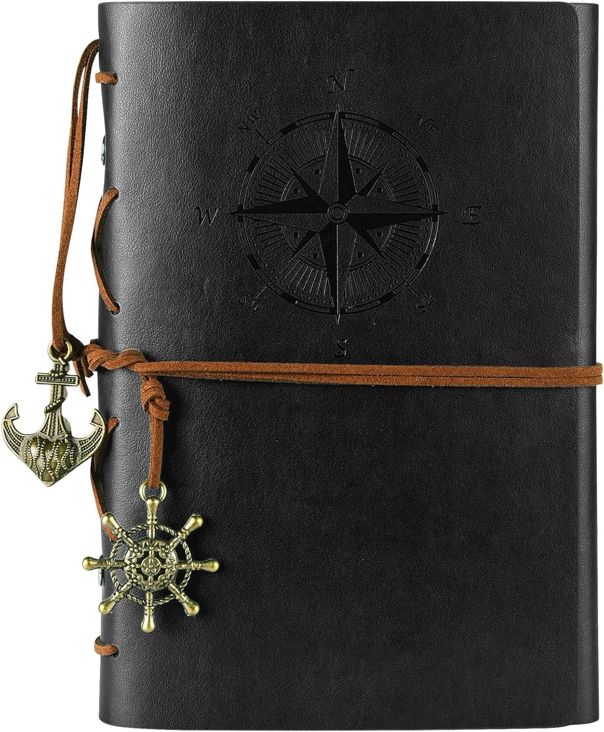 Leather Journal Notebook Black, Spiral Refillable Travel Diary 160 Pages