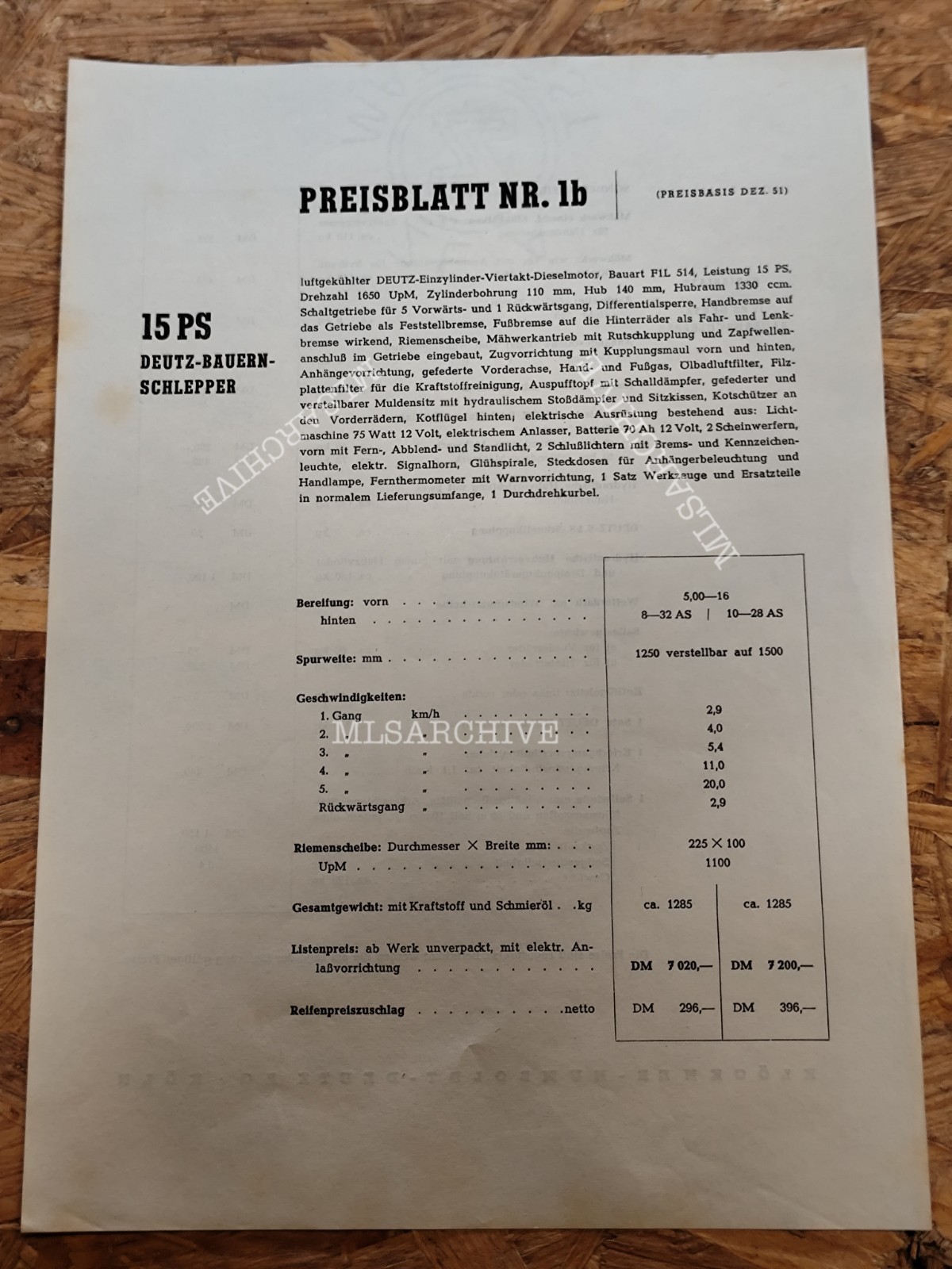 Price Sheet No. 1b Deutz 15 HP Farm Tractor Tractor M12