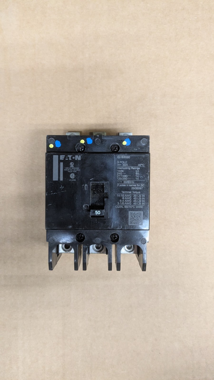 Eaton GHB3050 277/480V 50A Circuit Breaker New Pull from Never Installed Cabinet