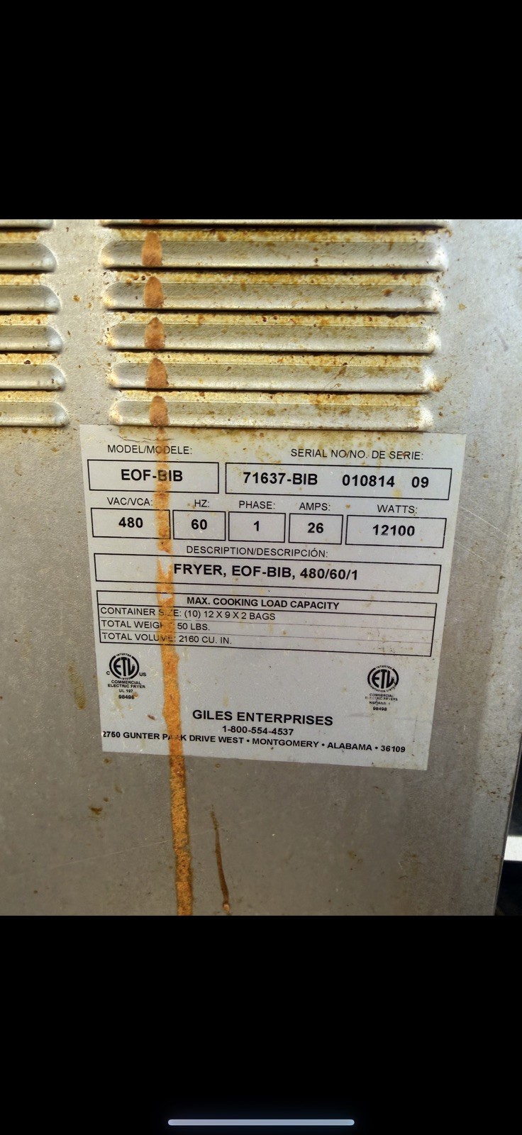 GILES 4 BAY FRYER GILES EOF24 EOFBIB TESTED NICE UNIT WE CRATE & SHIP BY FREIGHT