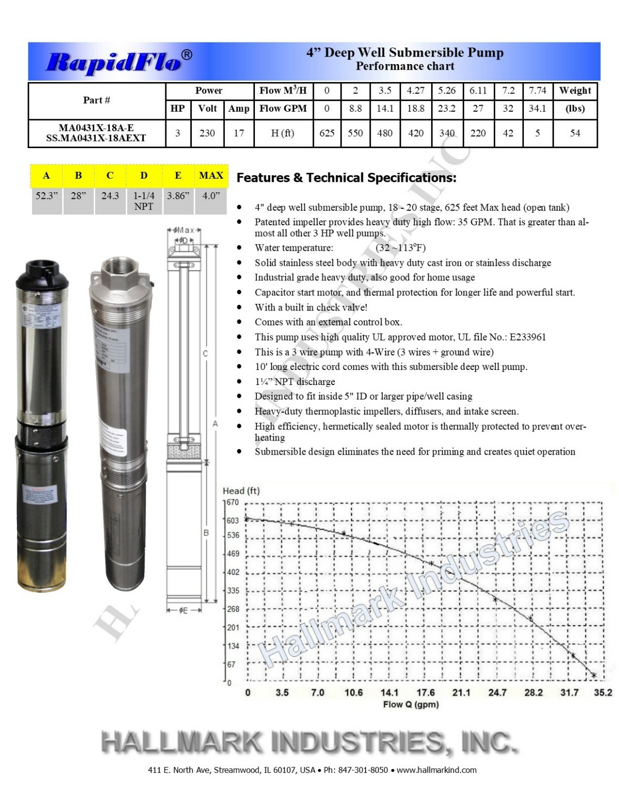 Submersible Pump, Deep Well, 4″, 3HP/230V, 625′, all S.S. Hallmark Industries