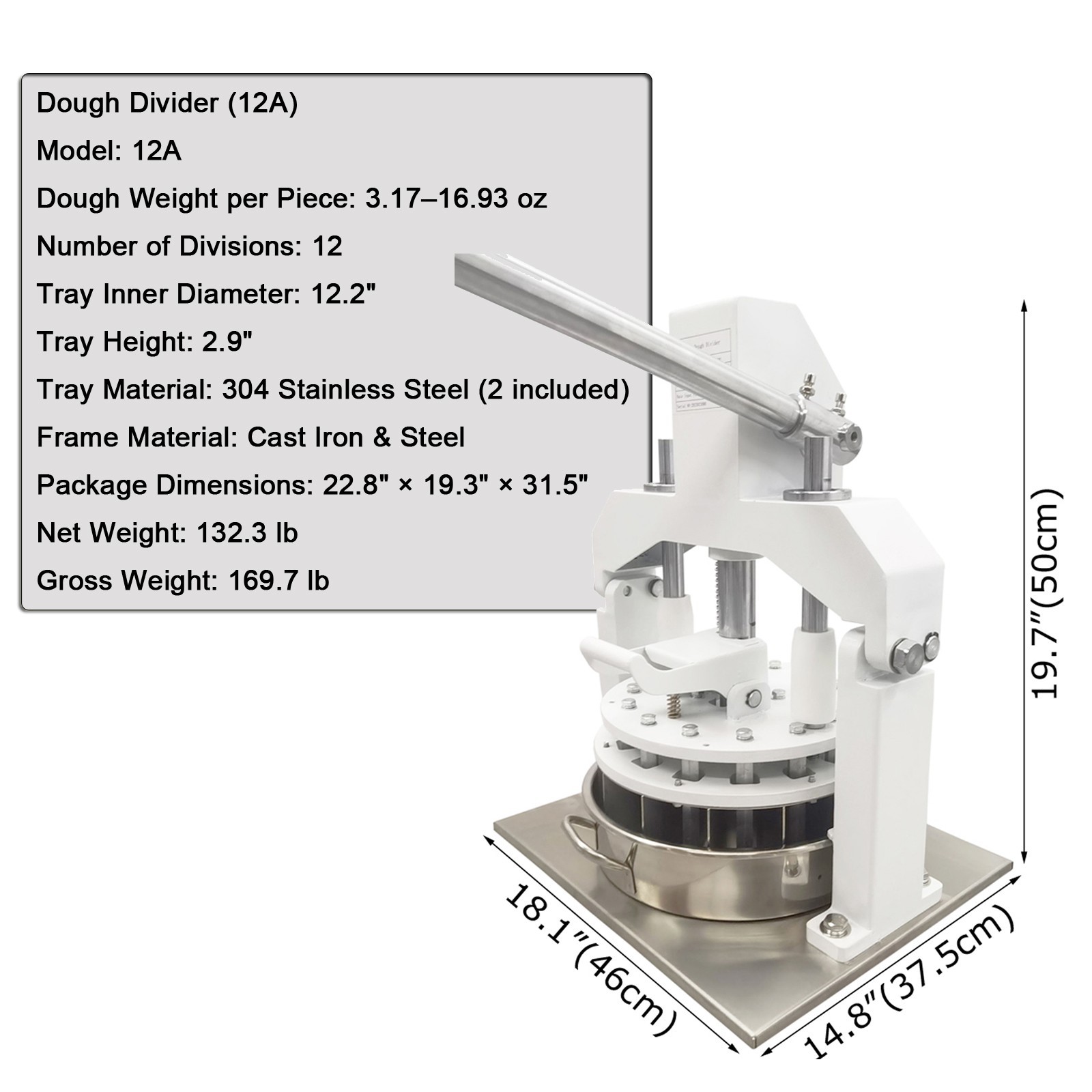 Manual Dough Divider (12 Pieces, 90-480g/3.17oz-16.93oz per Piece, 2-trays)