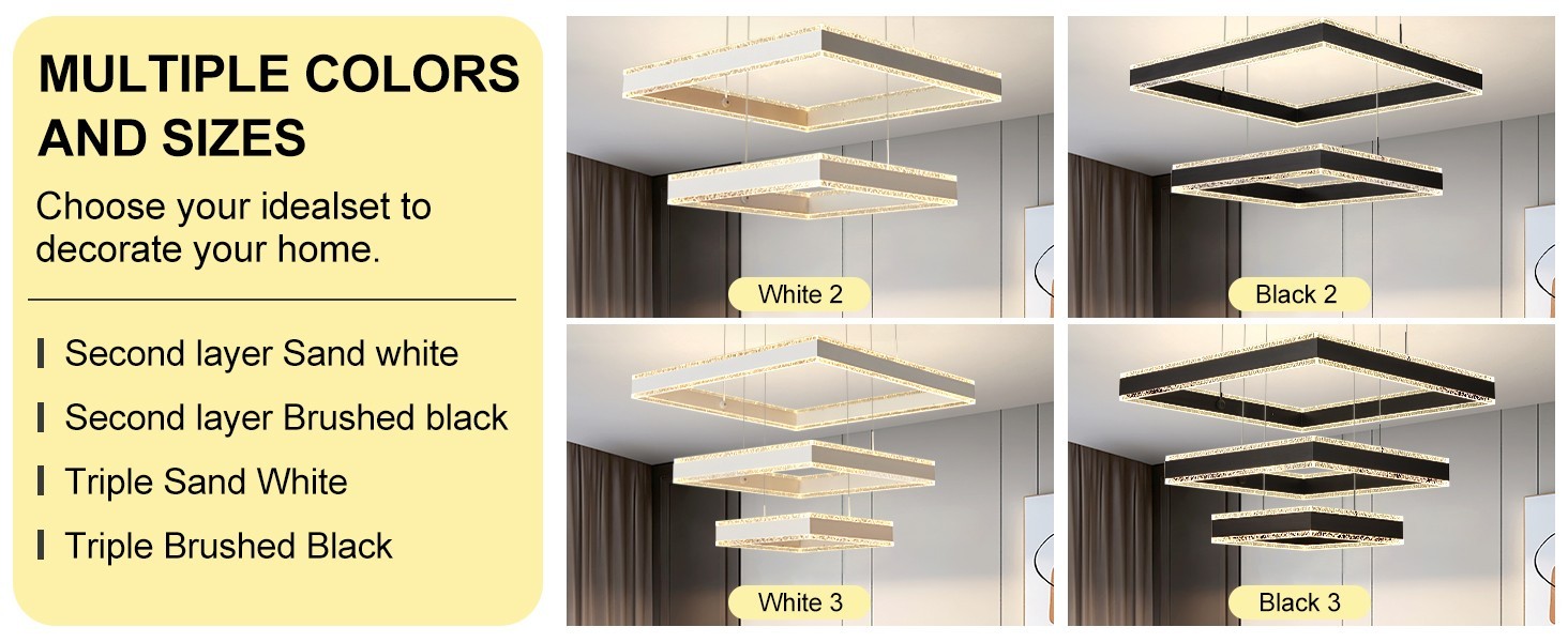 White Square 2-Ring LED Chandelier Dimmable Ceiling Light w/ Remote Control