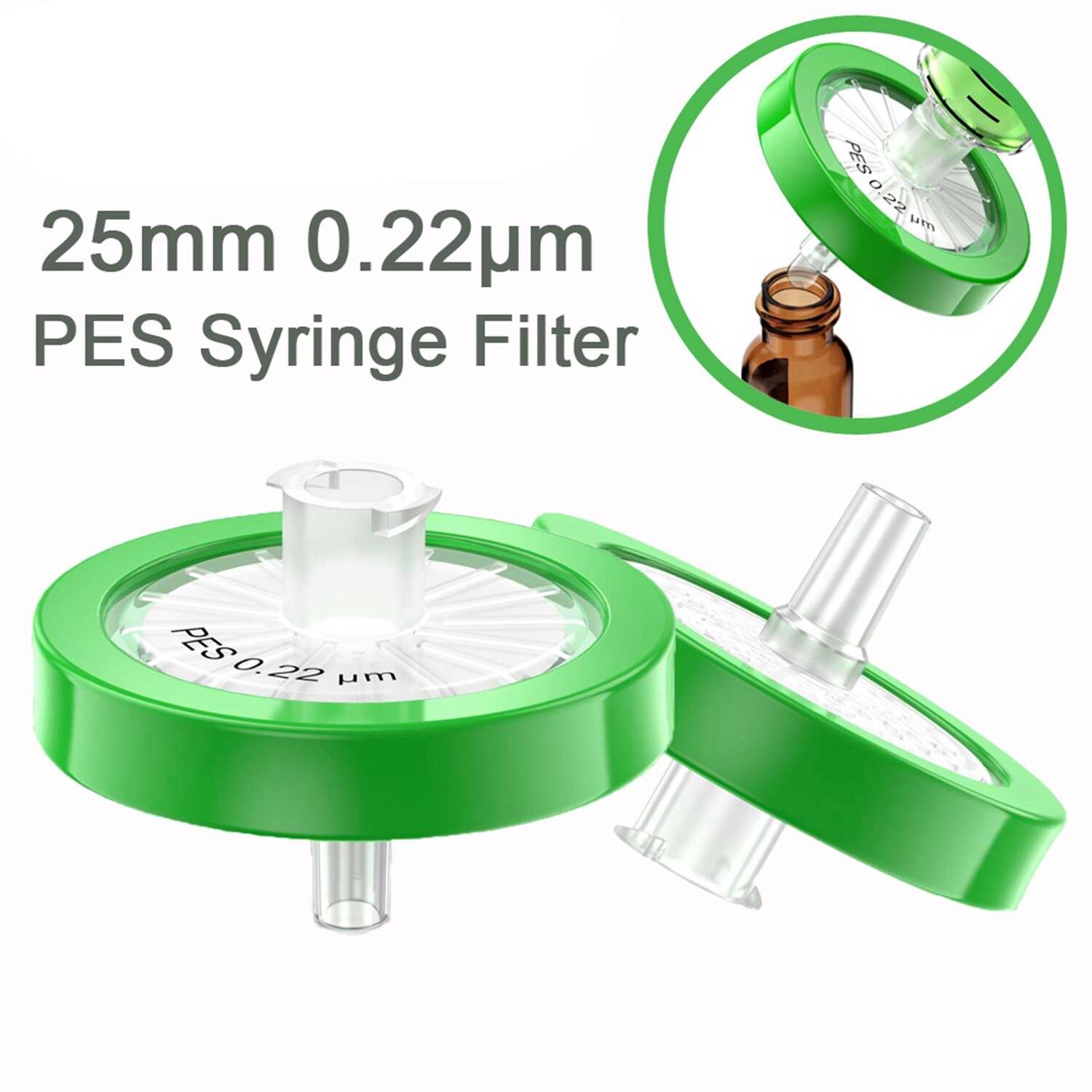 100PCS PES Syringe Needle Filter 25mm 0.22μm Disposable Hydrophilic Prefilter GC