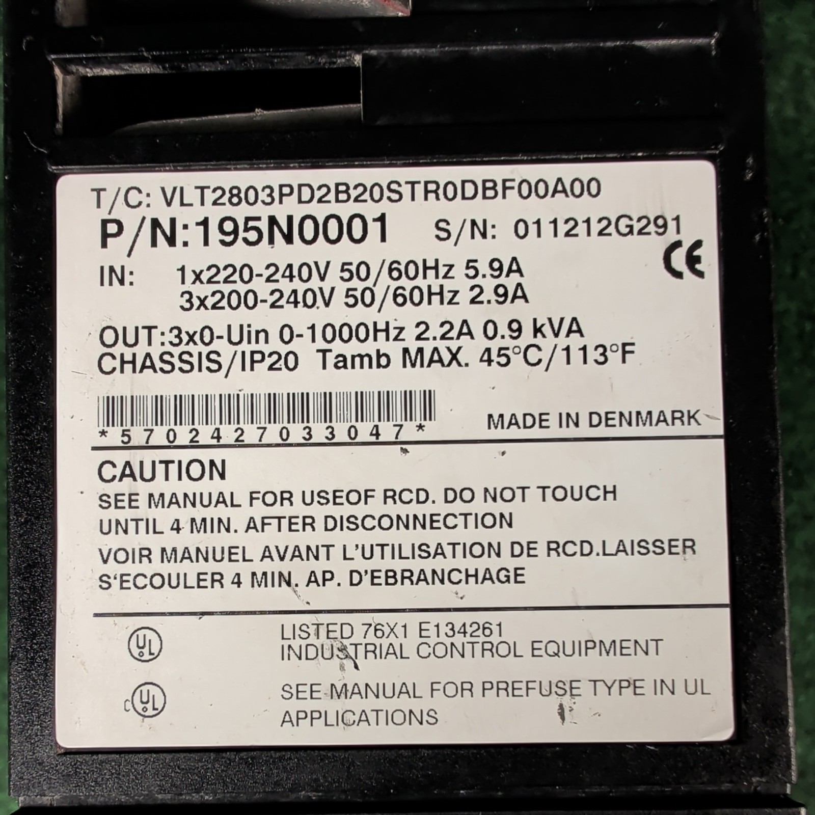 DANFOSS 195N0001 240V 5.9A (AS PICTURED) NSNP Used