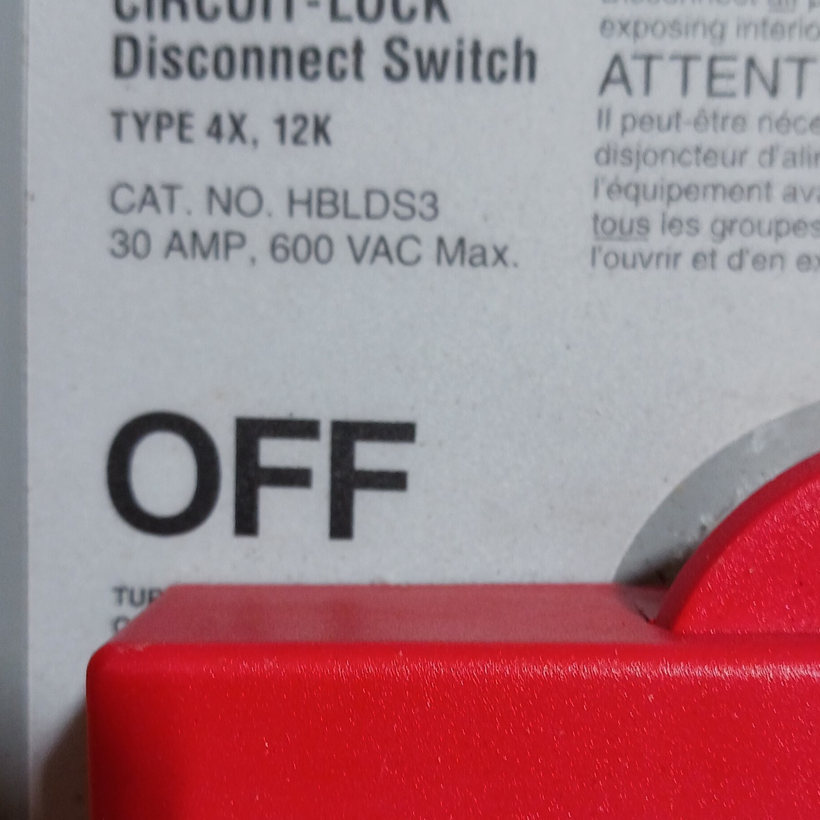 Hubbell Heavy Duty Disconnect Switch HBLDS3 30A 600VAC Wall Mount Gray/Red