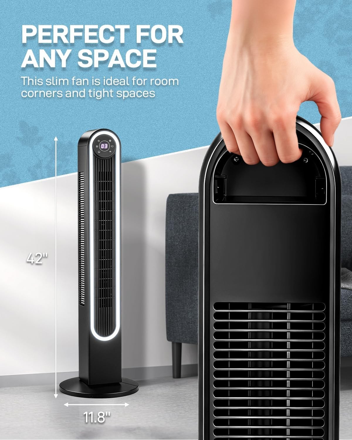 42″ Tower Fan for Bedroom, Standing Fan, 150° Oscillating Floor Fan with Remote