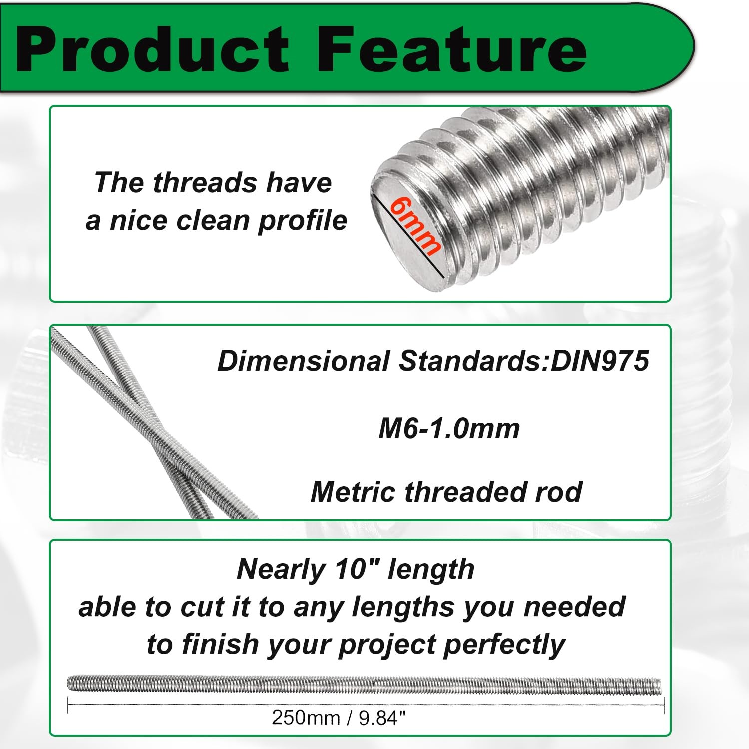 M6 Fully Threaded Rod, 4PCS M6-1.0Mm X 250Mm All Threaded Rods, 304 Stainless S