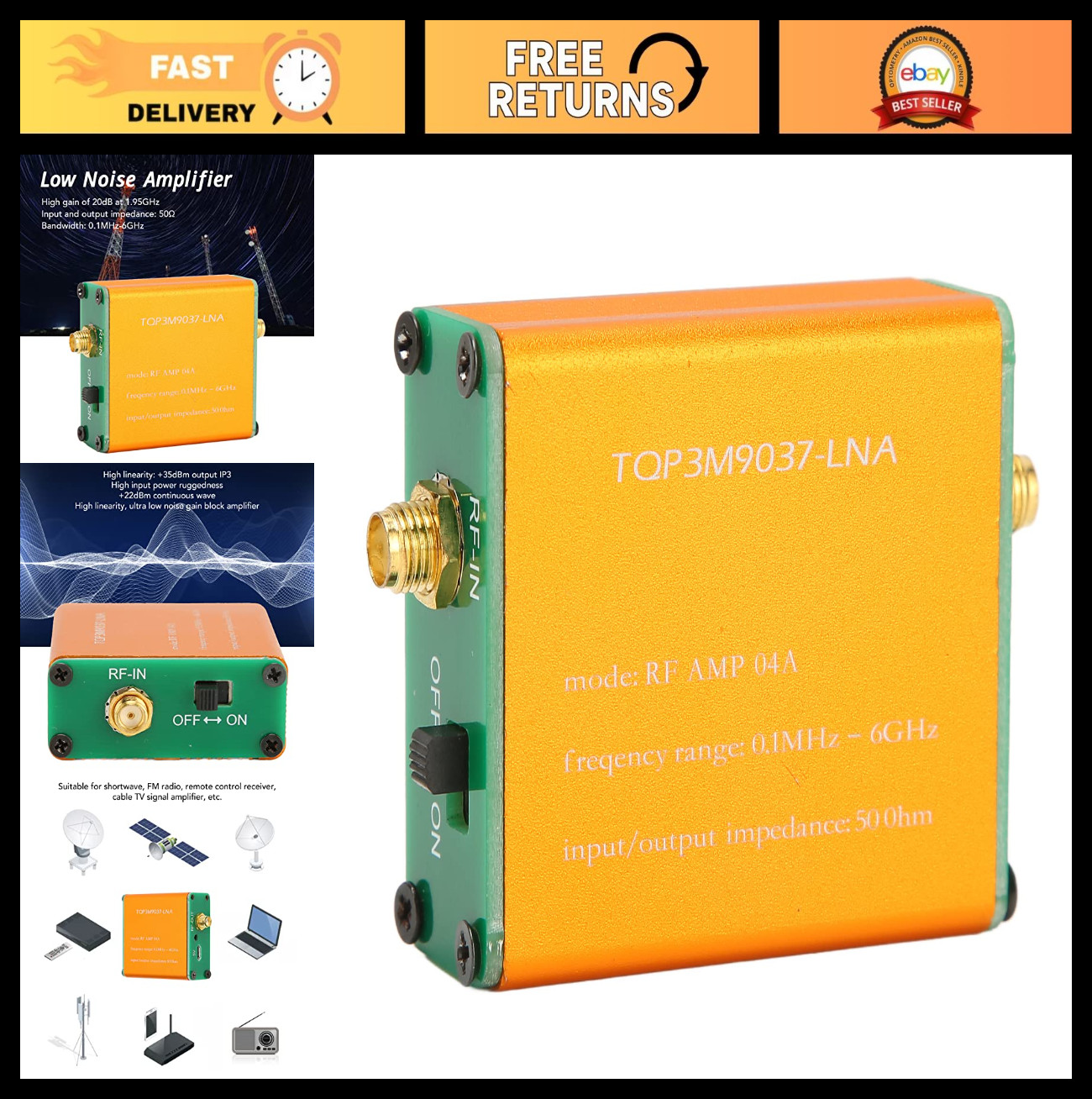 Low Noise RF Power Preamplifier 0.1MHz-6GHz, SMA Female Wideband Module, Battery