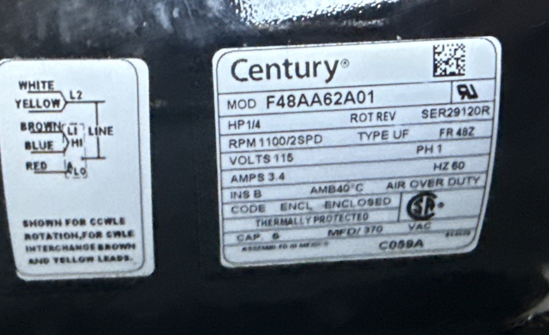 Century C059A PSC Direct Drive Blower Motor, 1-Ph 1/4 HP 115V 1100 RPM 2-Speed