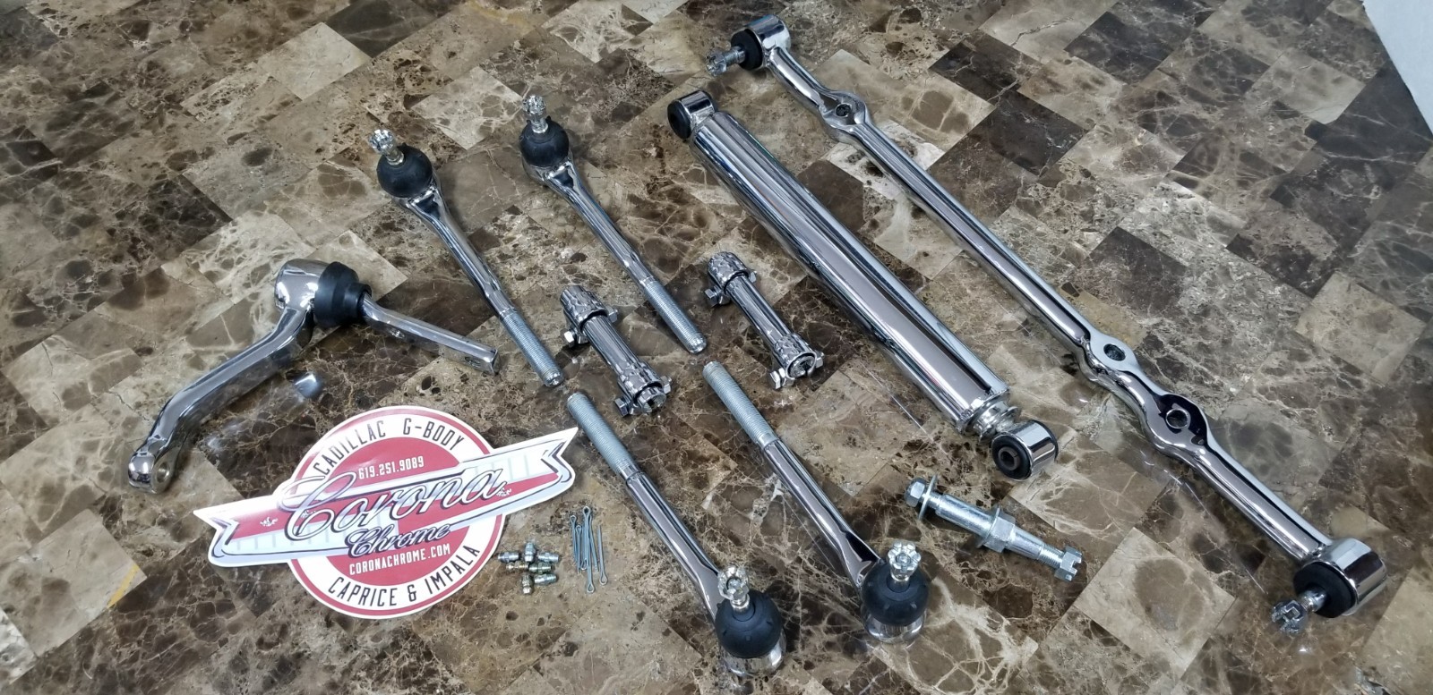 Chrome Steering Linkage Kit with Damper Shock 77-96 Cadillac/Caprice