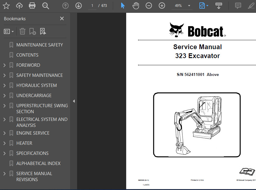 BOBCAT 323 COMPACT EXCAVATOR OPERATORS SERVICE REPAIR OWNERS SHOP MANUAL PDF USB