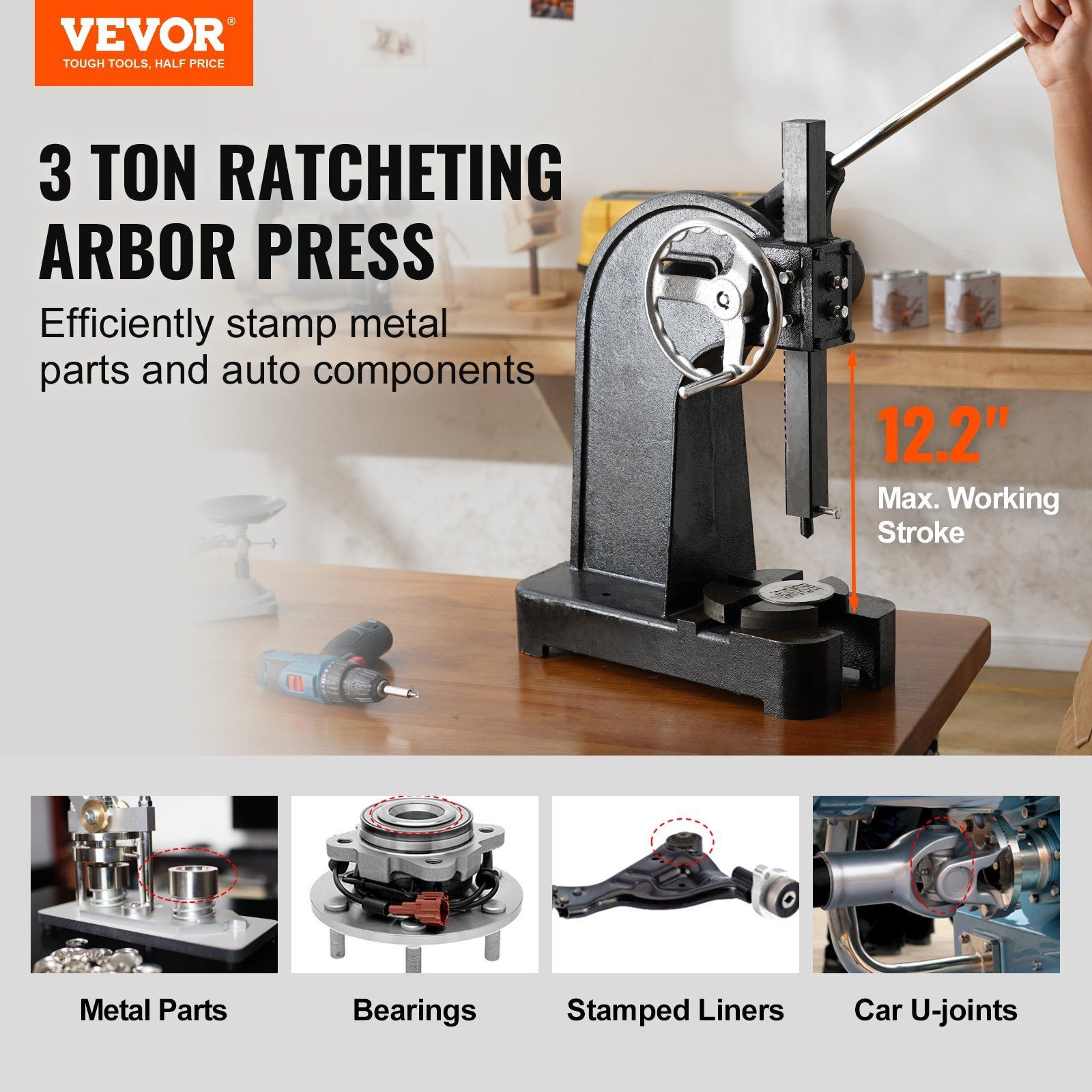 Arbor Press 3 Ton, Cast Iron, Ratchet Leverage, Handwheel Adjust, 12.2″