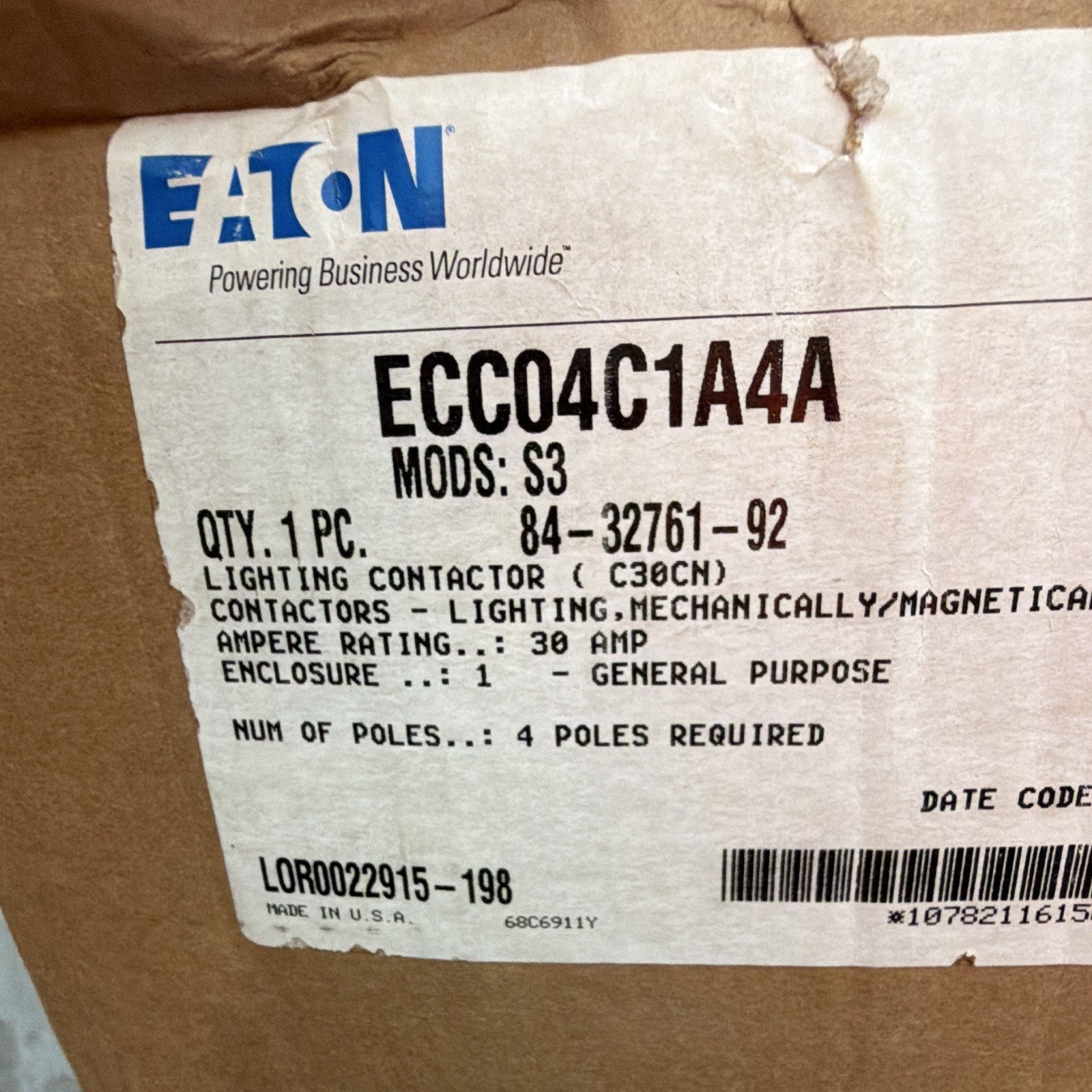 Eaton Mechanically Held Lighting Contactor ECC04C1A4A 4P 30A 120V Encl