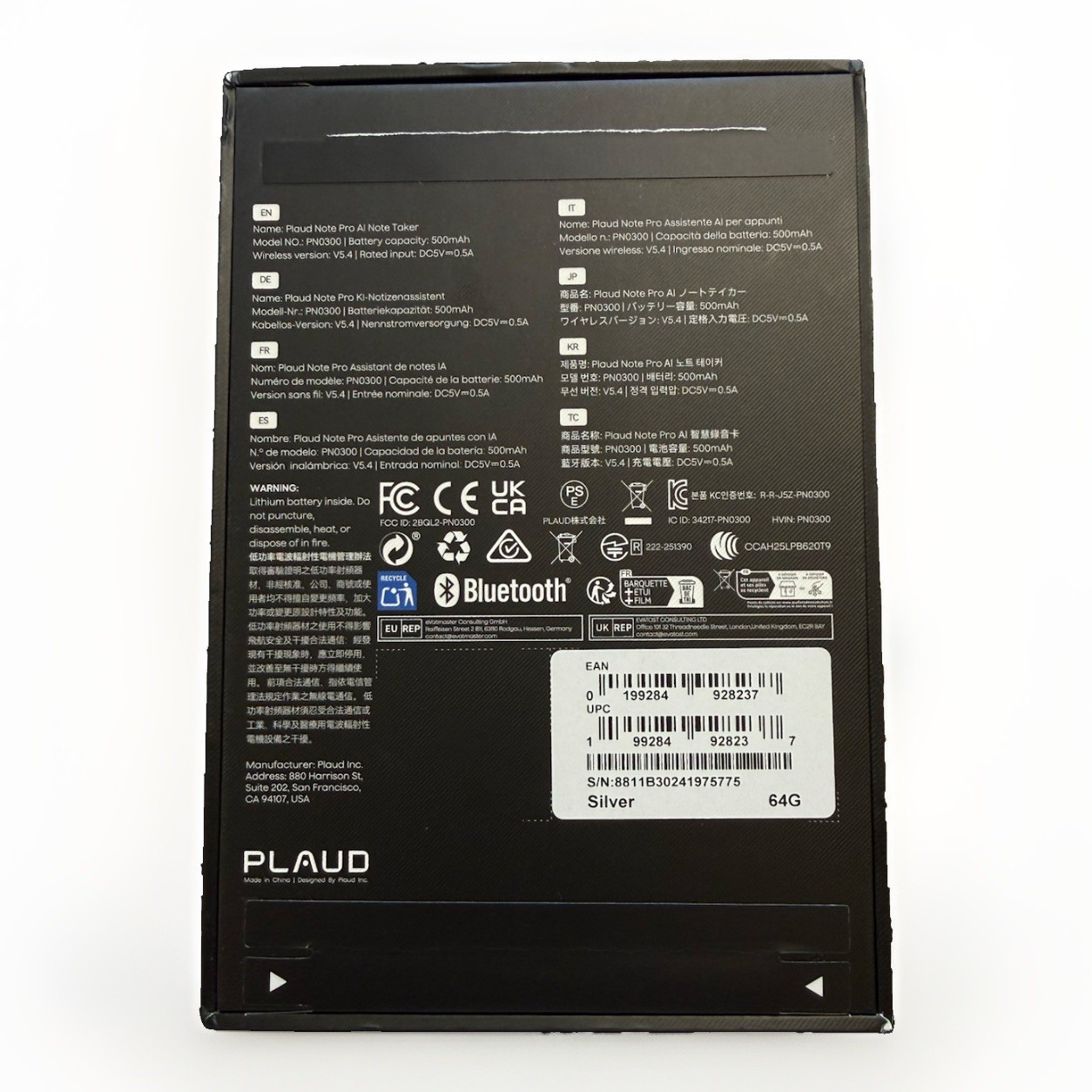 Plaud Note Pro AI Note Taker Voice Recorder 64GB Silver PN0300 Wireless v5.4