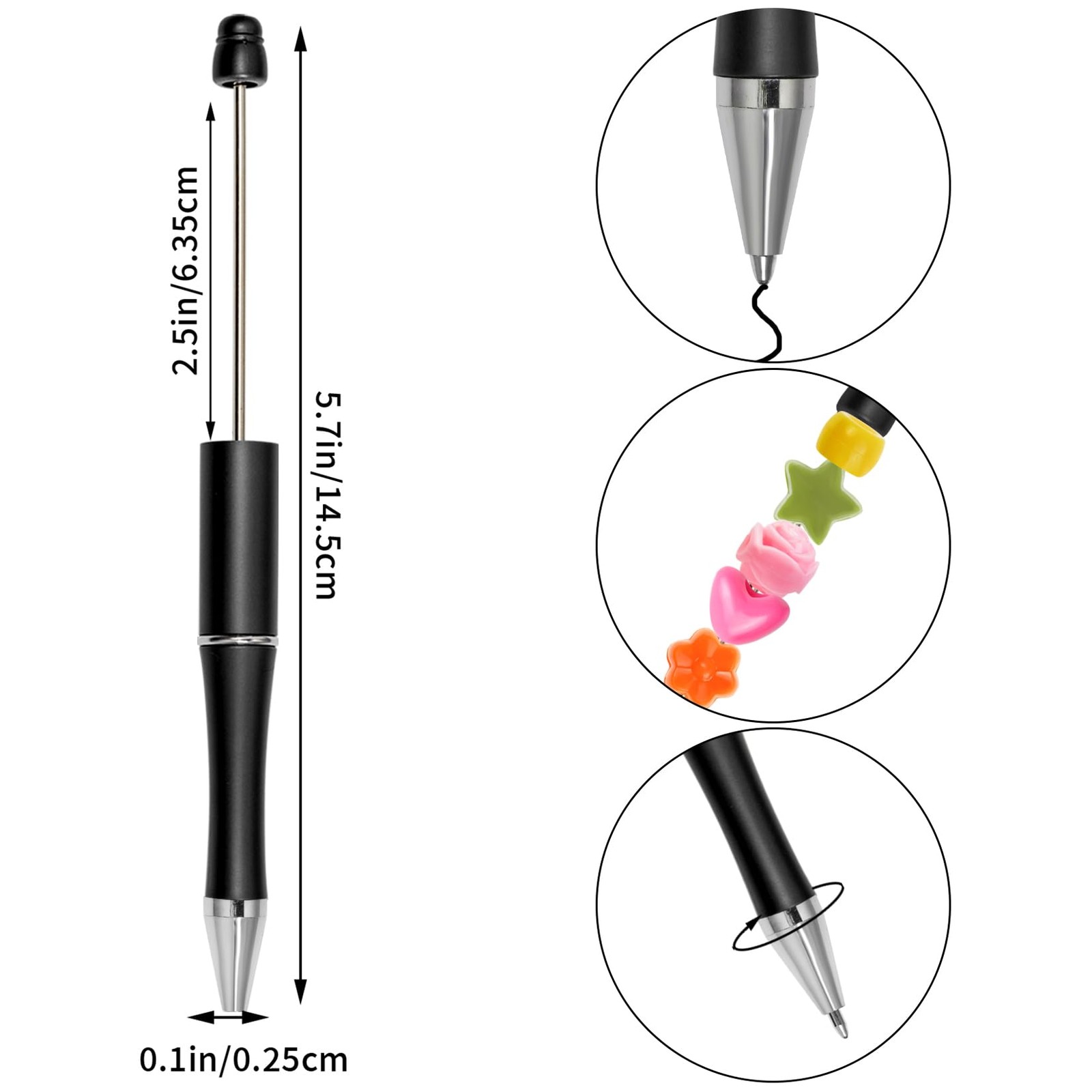 50 PCS Beadable Pens Plastic Bead Black Ink Ballpoint DIY Cute Crafting
