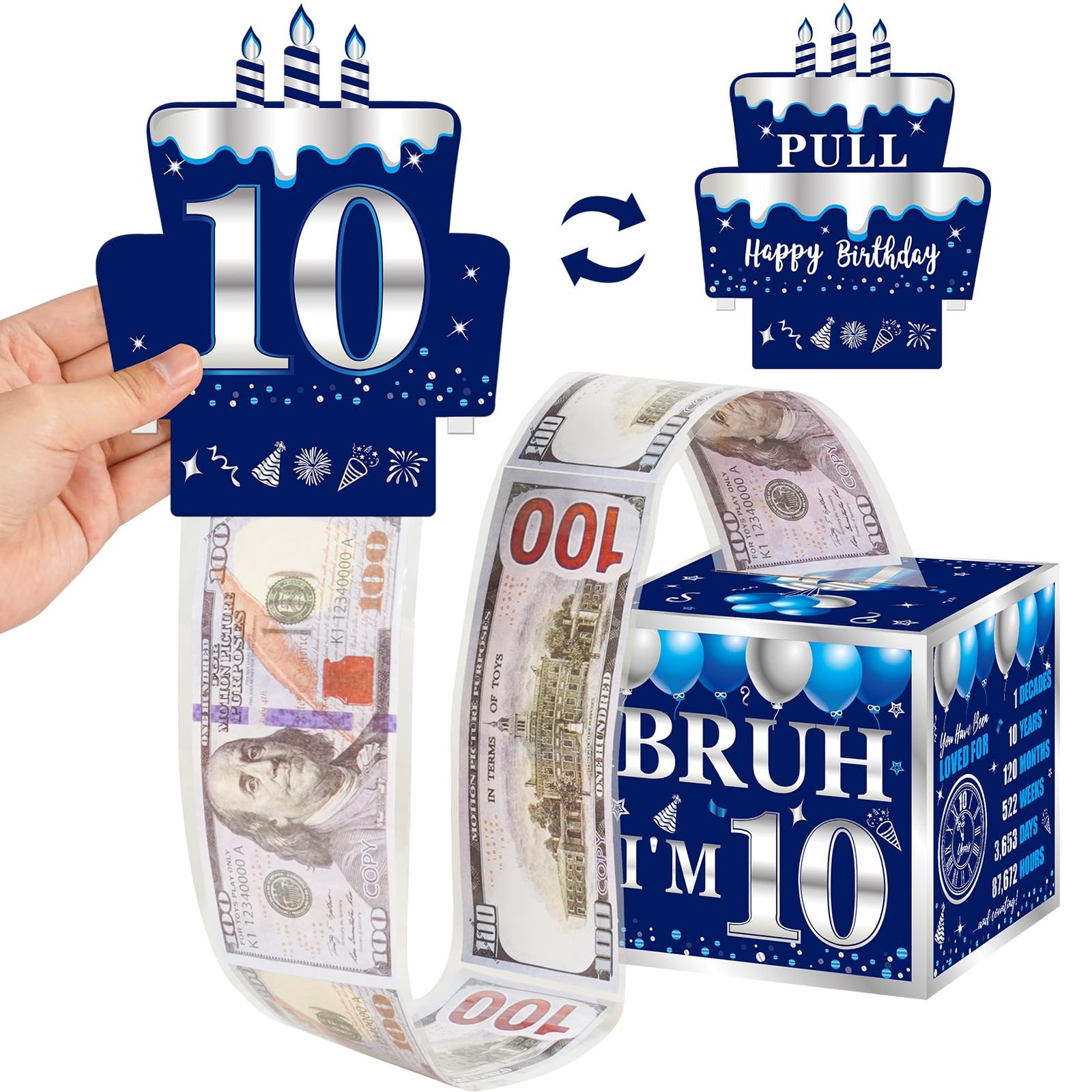 1 Set Happy 10th Birthday Blue Silver PullOut Money Cash Gift Box Party