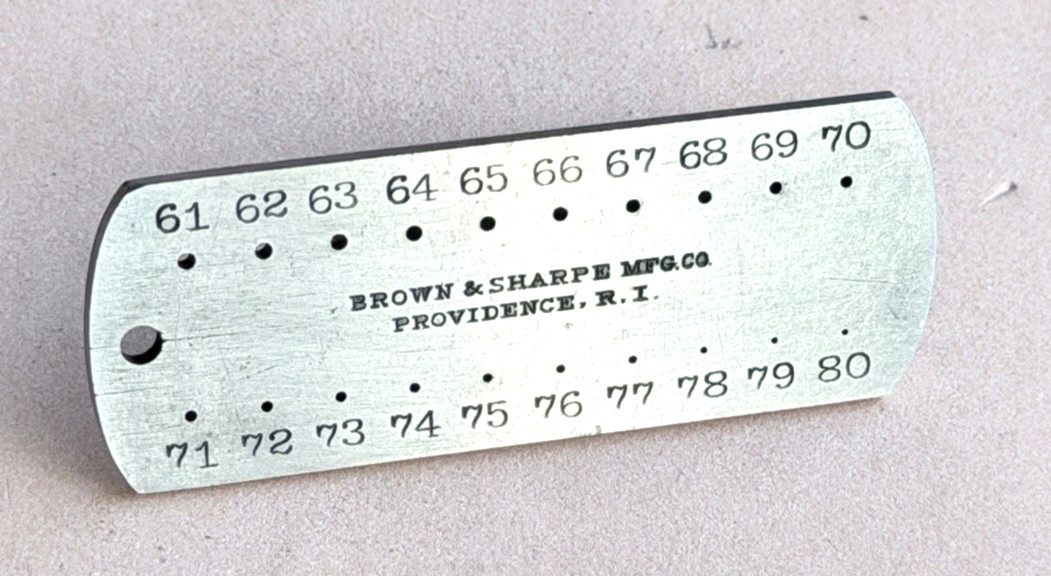 Brown & Sharpe No.705 Drill & Steel Wire Gage ; Range Nos. 61 to 80. USA Made!