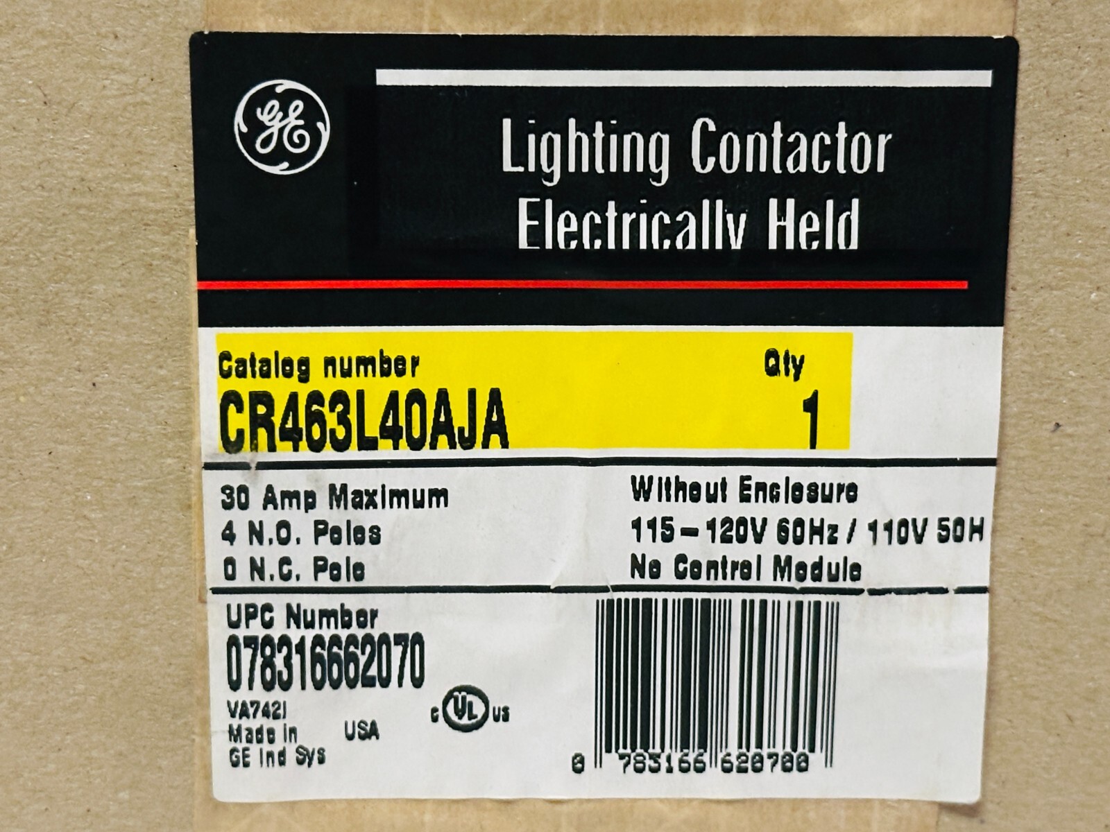 NEW GE CR463L40AJA Electrically Held Lighting Contactor 30A 4 Pole 110/120V Coil