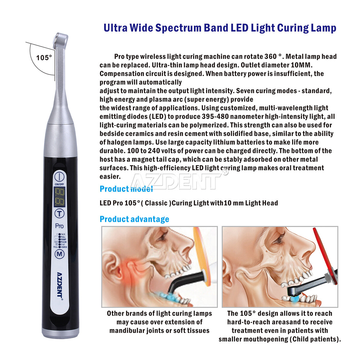 AZDENT Dental Wireless LED Curing Light Lamp 1 Second Curing High Power