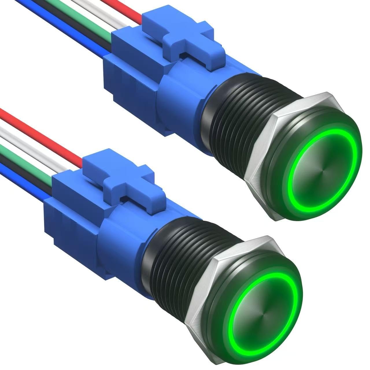 2PCS 16mm Latching On Off Switch 12V DC, Waterproof LED Power Button Green