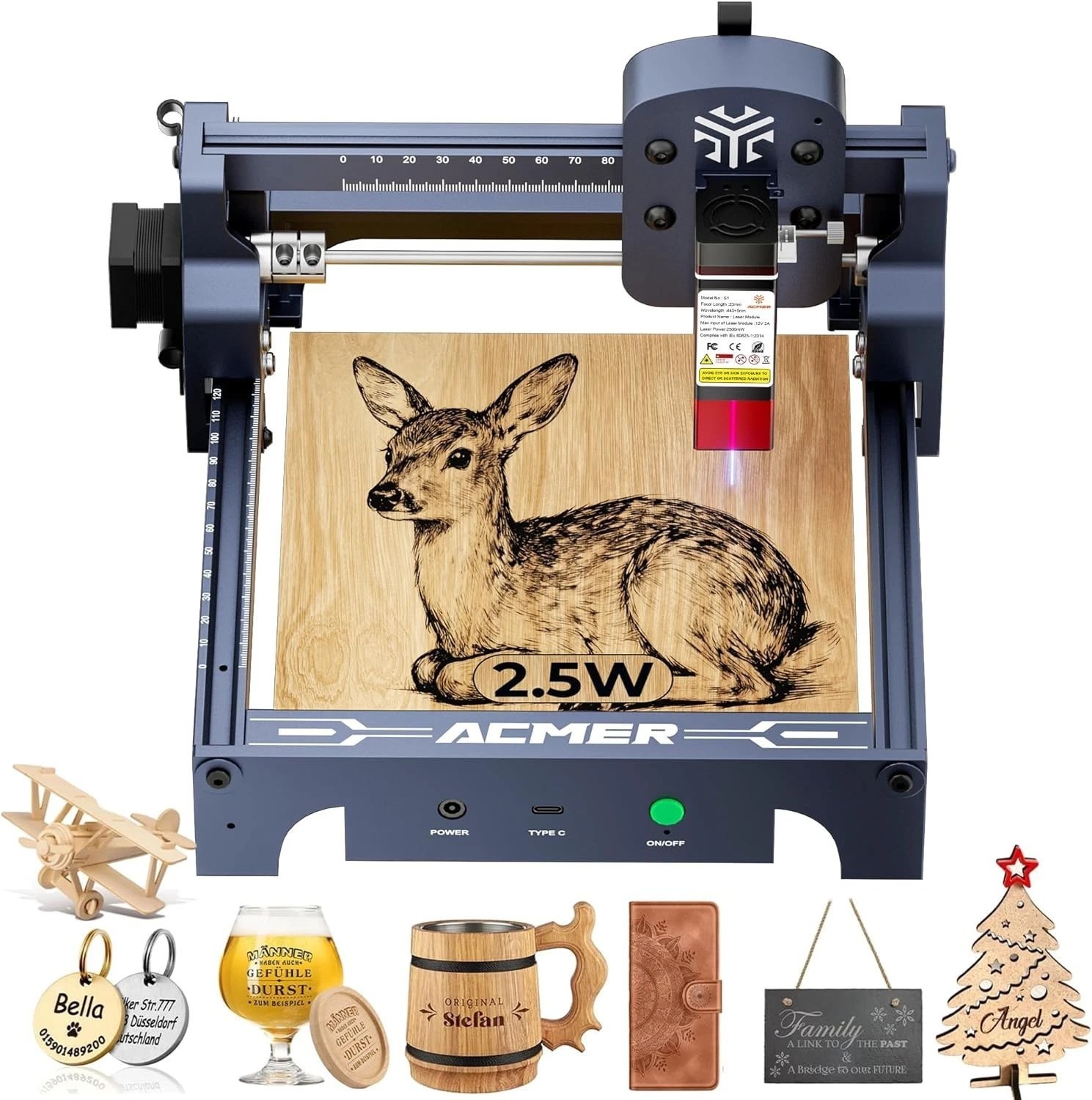 High Accuracy 2500mW Laser Engraver Cutter 0.04mm Spot Metal Black 130x130mm