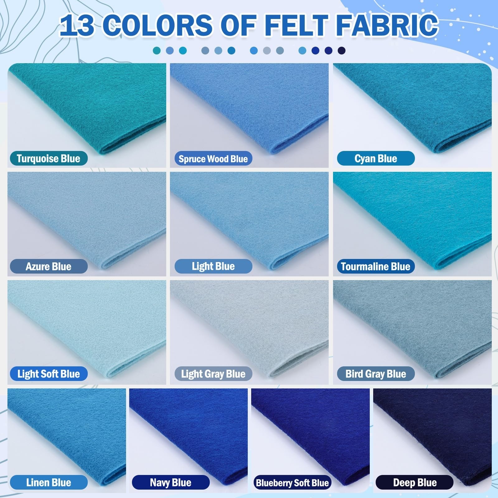 XSEINO 13 Rolls 8″x35″ 1.4mm Thick Soft Felt Fabric Sheet 13 Assorted Blue Se…